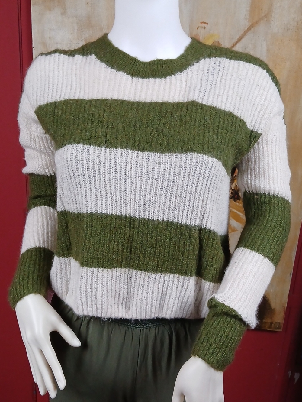 Madewell Olive Green Ivory Broad Stripe Chunky Alpaca Blend Crewneck Sweater Siz